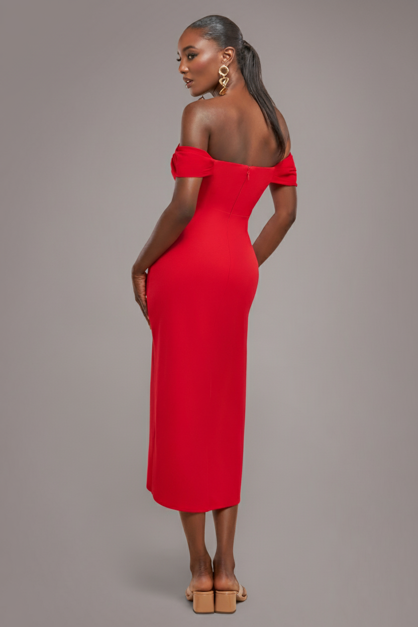 Goddiva Off The Shoulder Chiffon Wing Scuba Crepe Midi Dress - Red