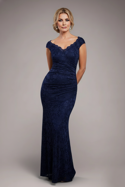 Goddiva Off The Shoulder Scalloped Neck Maxi Dress - Navy Blue