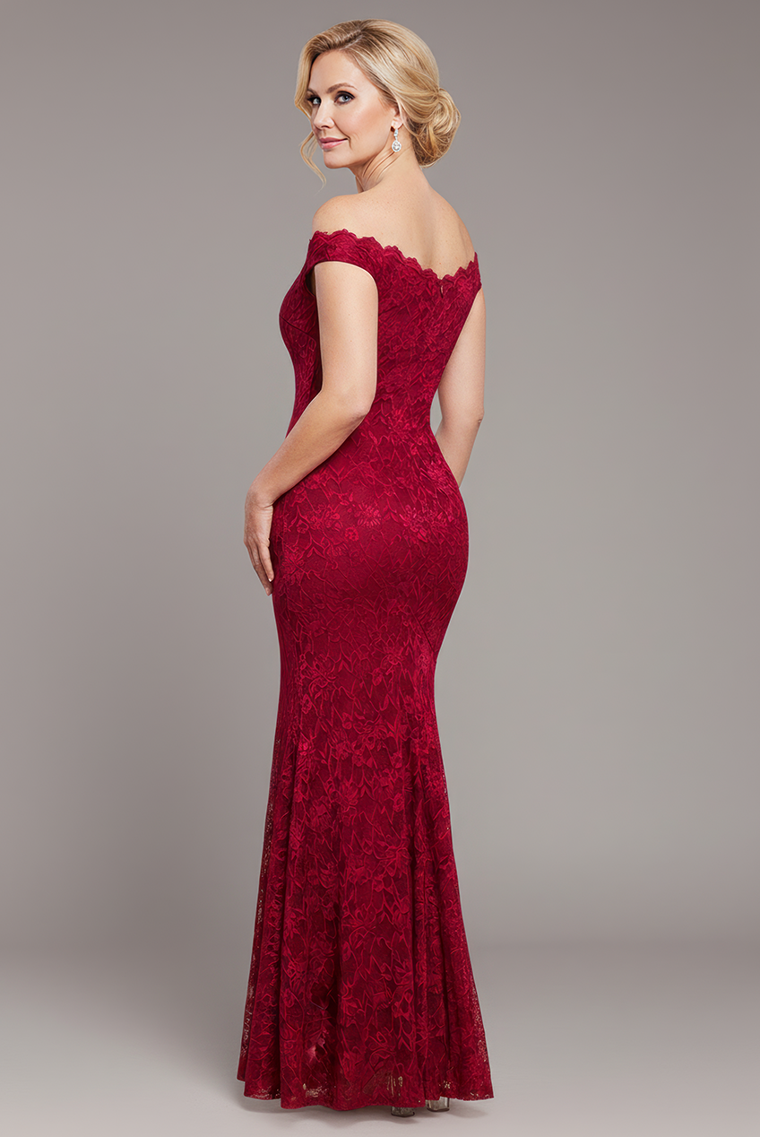 Goddiva Off The Shoulder Scalloped Neck Maxi Dress - Wine