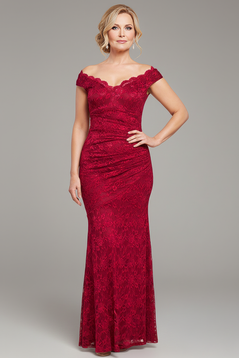 Goddiva Off The Shoulder Scalloped Neck Maxi Dress - Wine