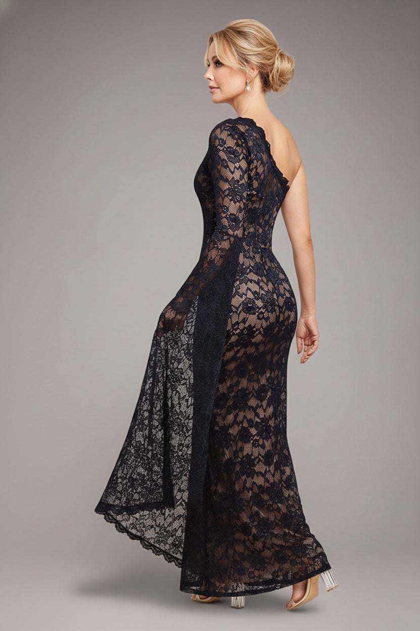 Goddiva One Shoulder Scalloped Neck Maxi Dress - Black