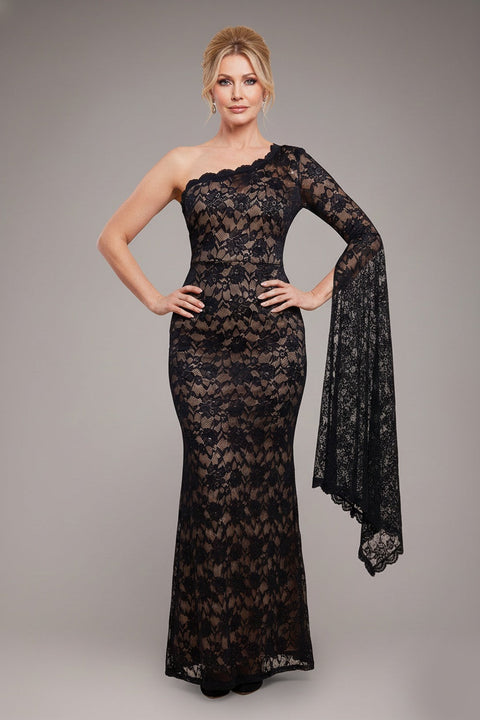 Goddiva One Shoulder Scalloped Neck Maxi Dress - Black