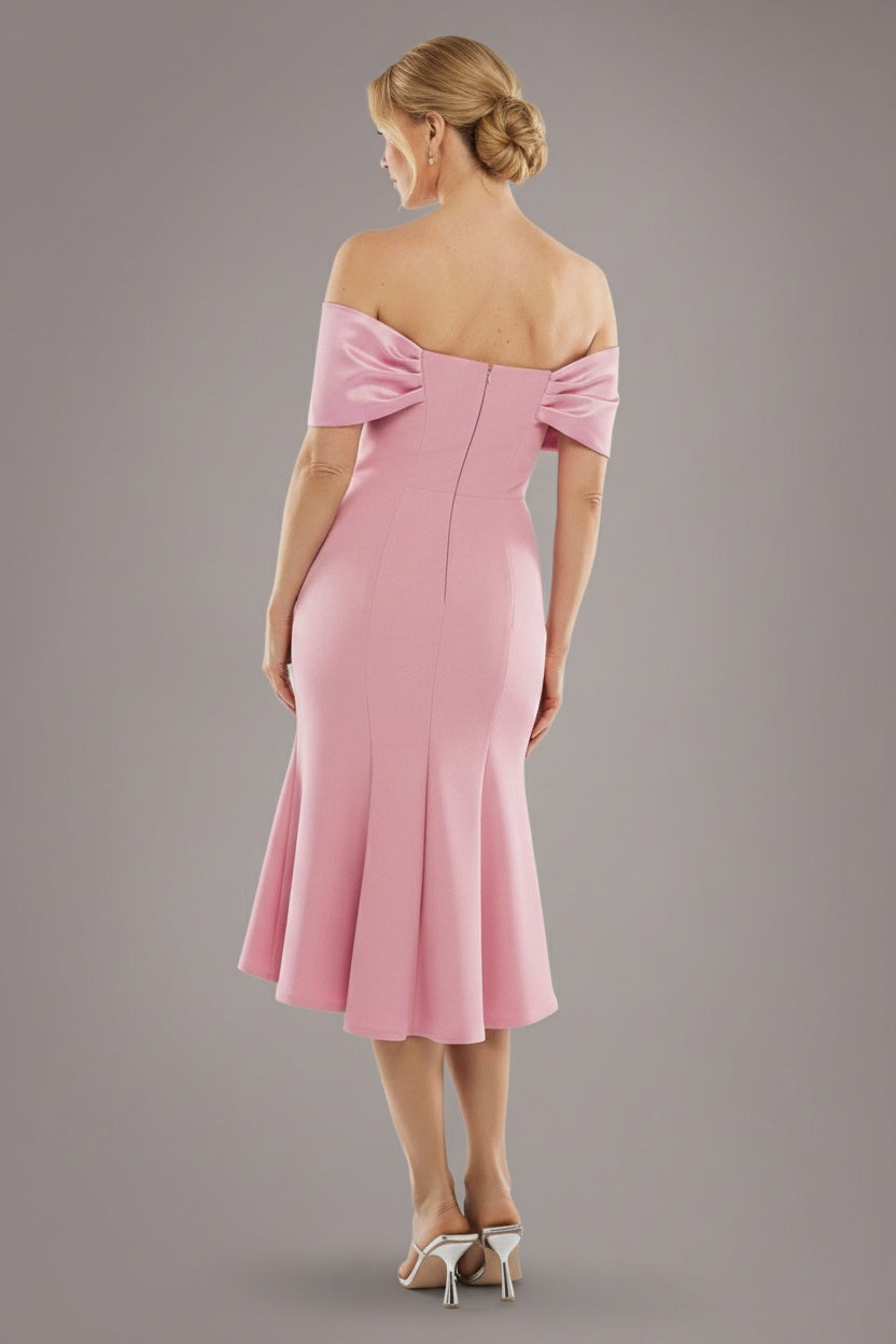 Goddiva Twist Knot Satin & Scuba Bardot High Low Midi Dress - Blush Pink