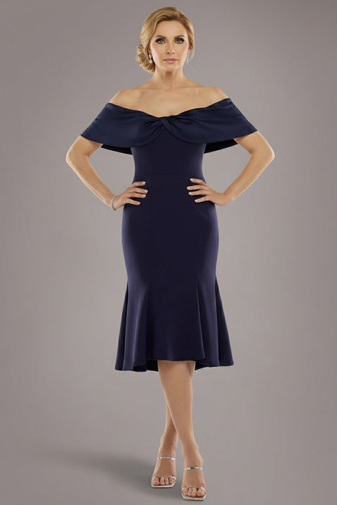 Goddiva Twist Knot Satin & Scuba Bardot High Low Midi Dress - Navy Blue