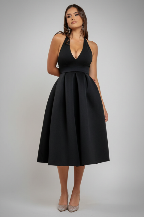 Goddiva Halter Neck Pleated A-Line Midaxi Dress - Black