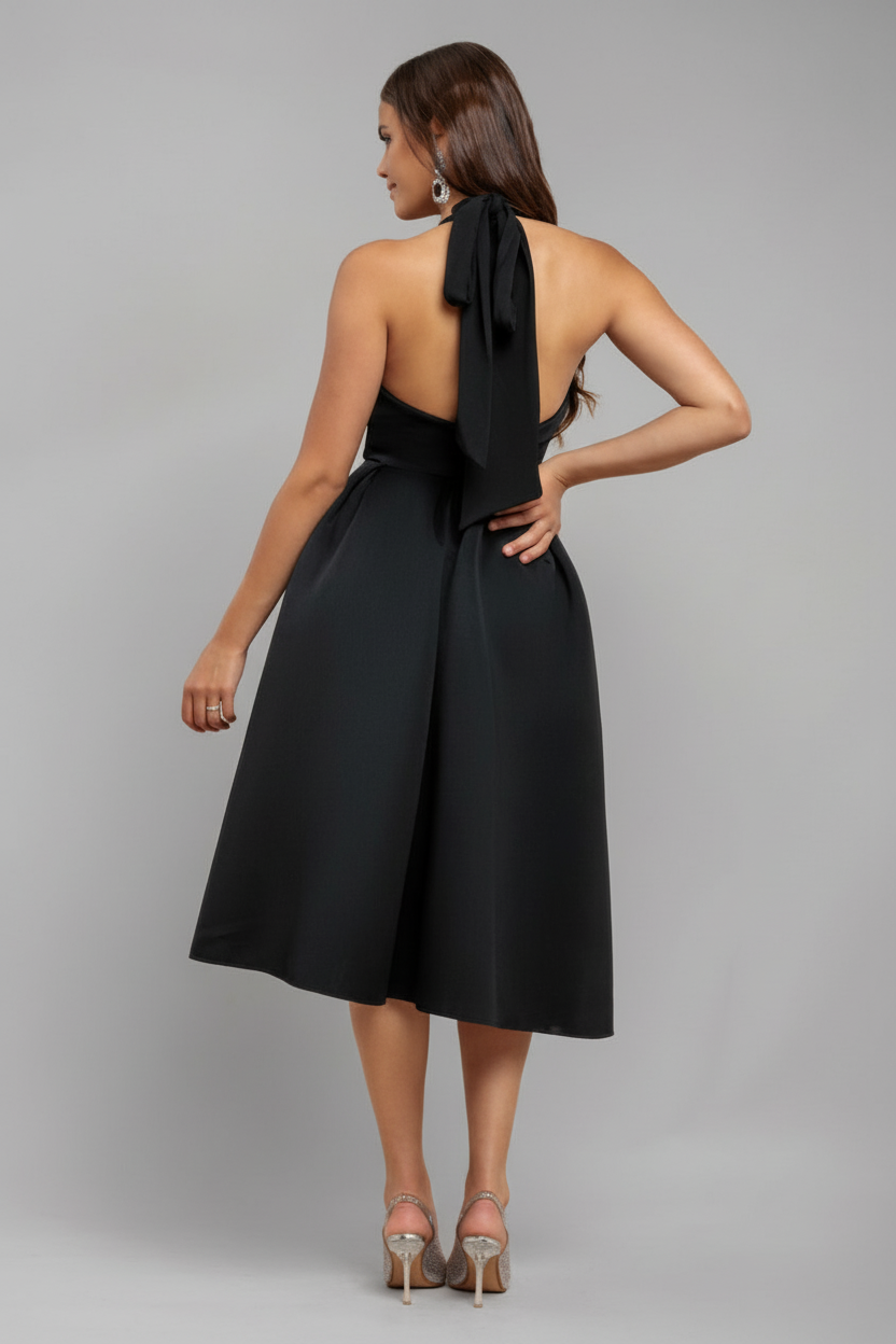 Goddiva Halter Neck Pleated A-Line Midaxi Dress - Black