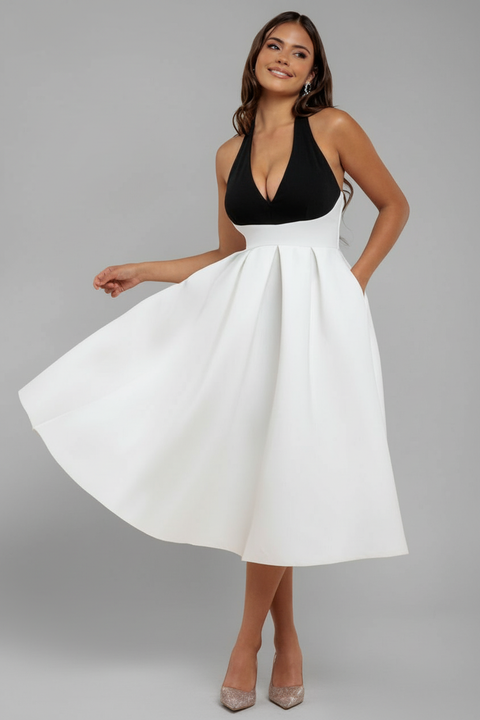 Goddiva Contrast Halter Neck Pleated A-Line Midaxi Dress - Black Cream