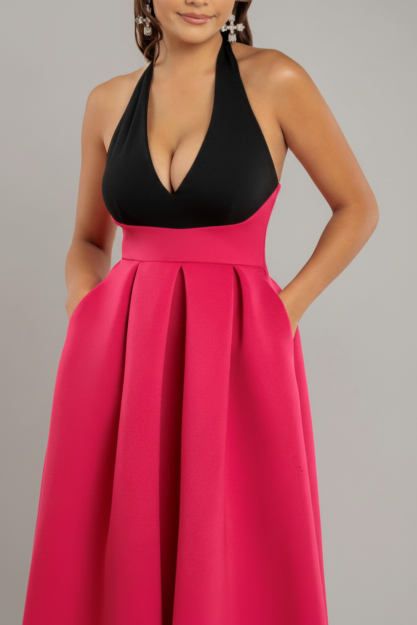 Goddiva Contrast Halter Neck Pleated A-Line Midaxi Dress - Black Magenta
