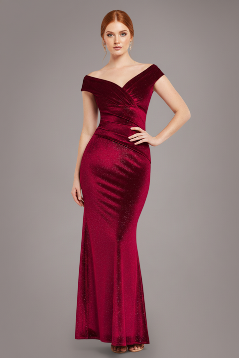 Goddiva Shimmer Velvet Bardot Maxi Dress - Wine