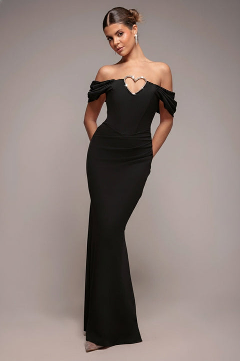 Goddiva Diamante Heart Trim Evening Maxi Dress - Black