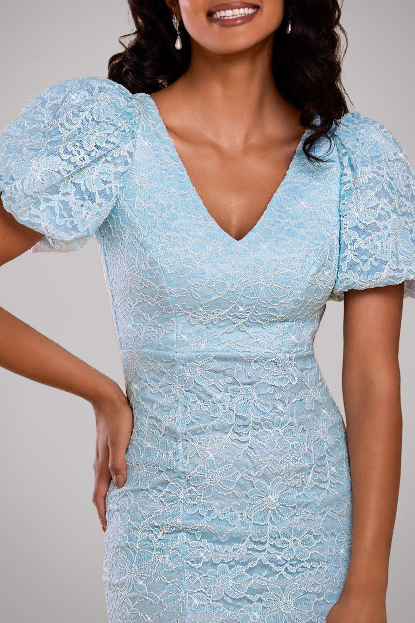 Goddiva Scallop Lace Puff Sleeve Fit & Flare Midi Dress - Sky Blue