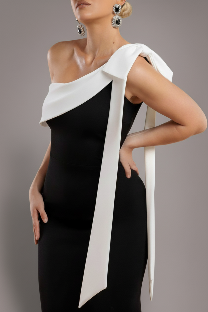 Goddiva One Shoulder Contrast Bow Maxi Dress - Black Cream