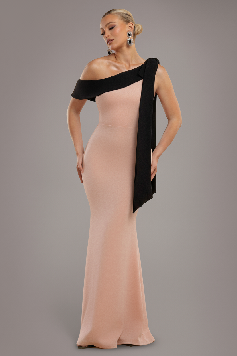 Goddiva One Shoulder Contrast Bow Maxi Dress - Nude Black