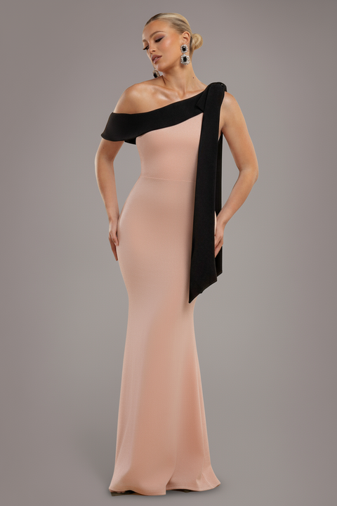 Goddiva One Shoulder Contrast Bow Maxi Dress - Nude Black