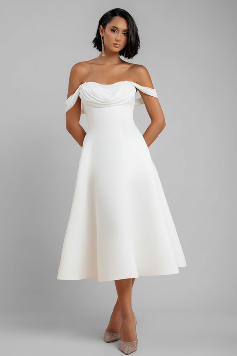 Goddiva Sparkle Chiffon Cowl Bardot Skater Midi Dress - Cream