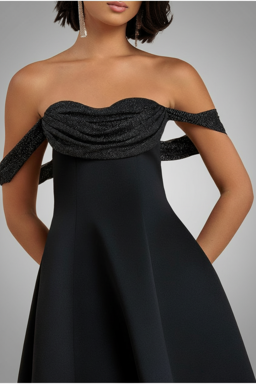 Goddiva Sparkle Chiffon Cowl Bardot Skater Midi Dress - Black