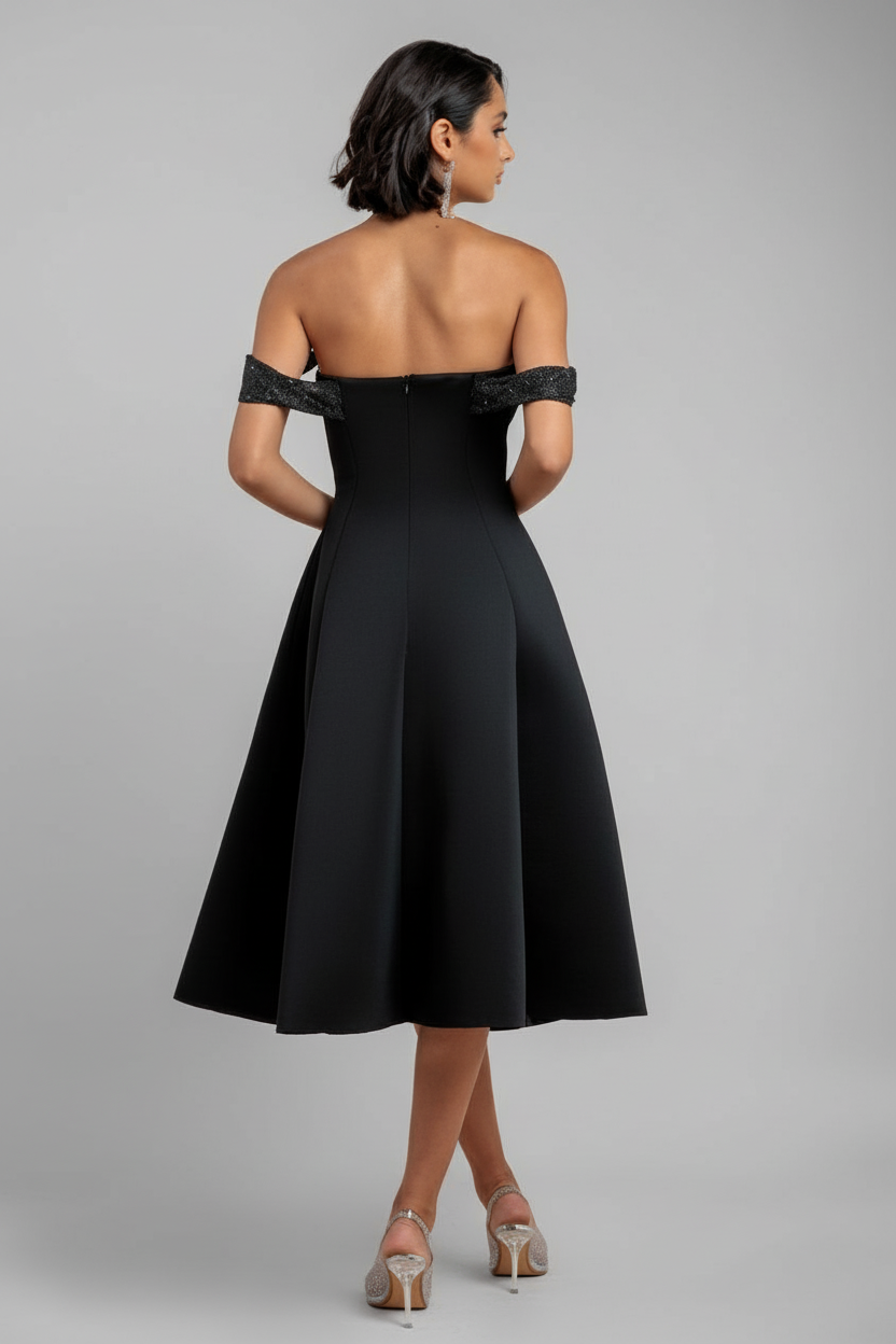 Goddiva Sparkle Chiffon Cowl Bardot Skater Midi Dress - Black