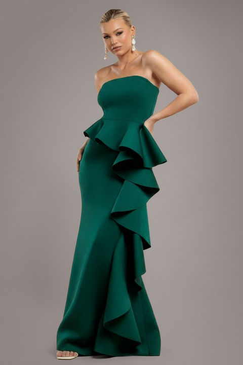 Goddiva Boobtube Peplum Waterfall Frill Maxi Dress - Emerald Green