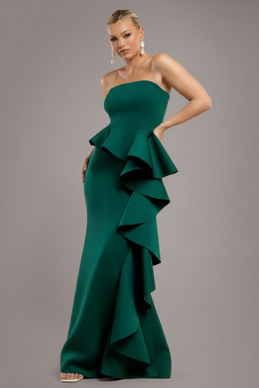 Goddiva Boobtube Peplum Waterfall Frill Maxi Dress - Emerald Green