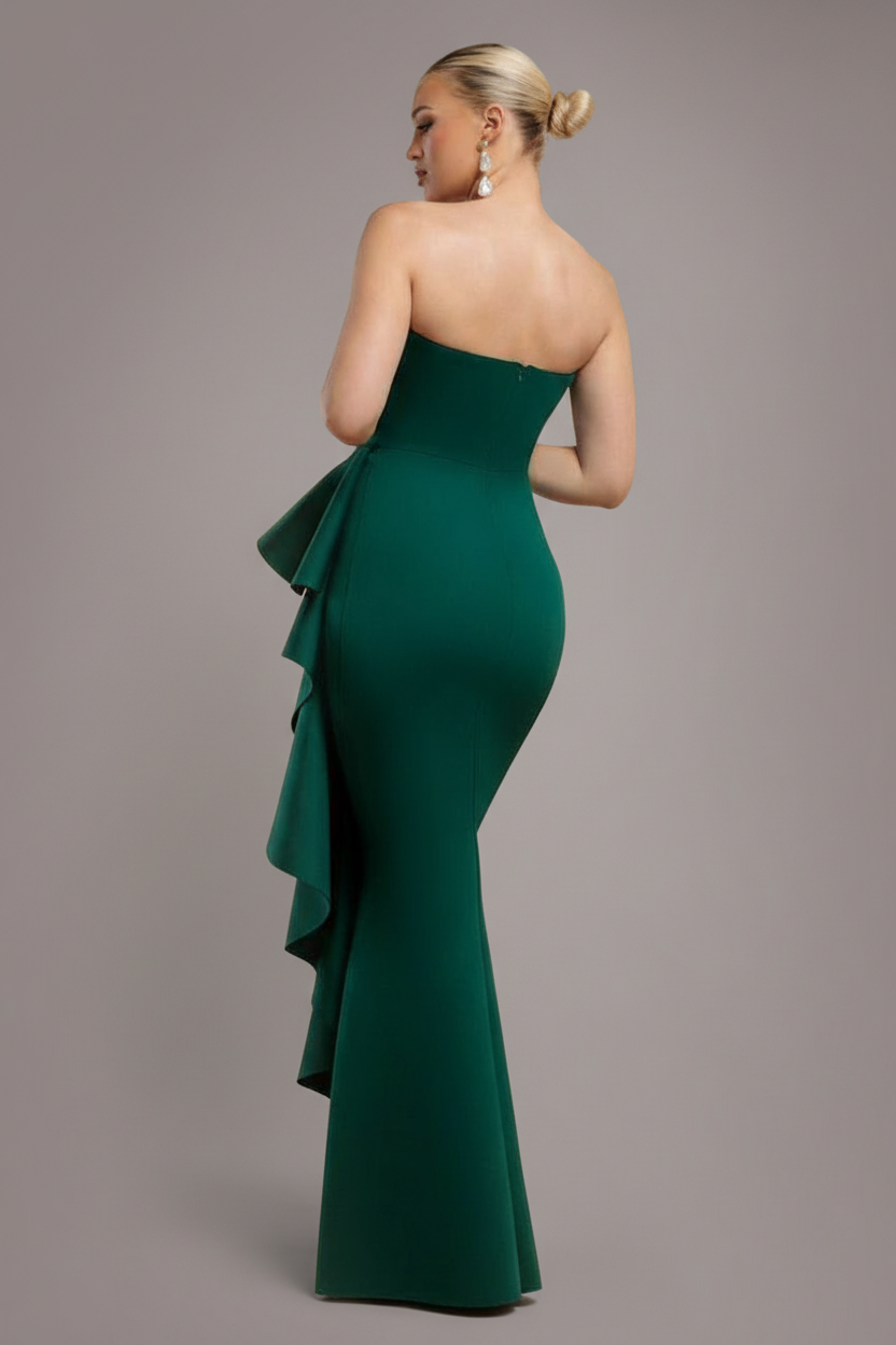 Goddiva Boobtube Peplum Waterfall Frill Maxi Dress - Emerald Green