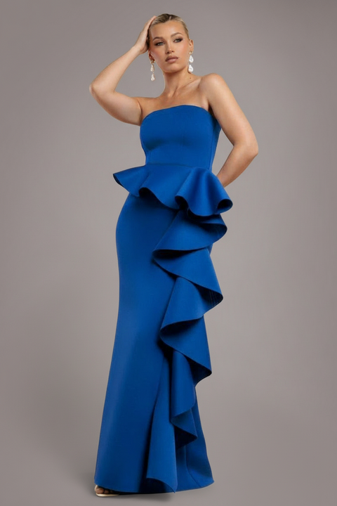Goddiva Boobtube Peplum Waterfall Frill Maxi Dress - Royal Blue