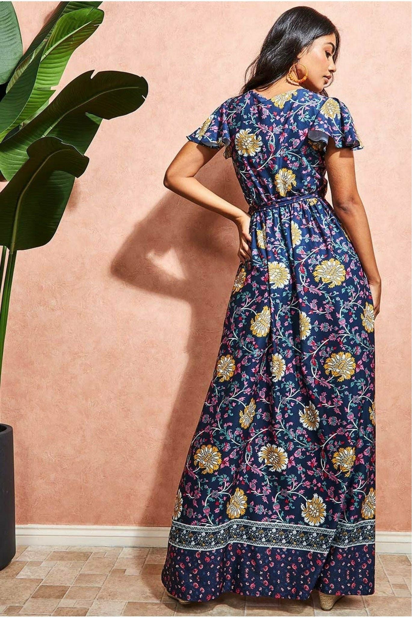 Goddiva Floral Print Maxi With Flutter Sleeves - Navy Print