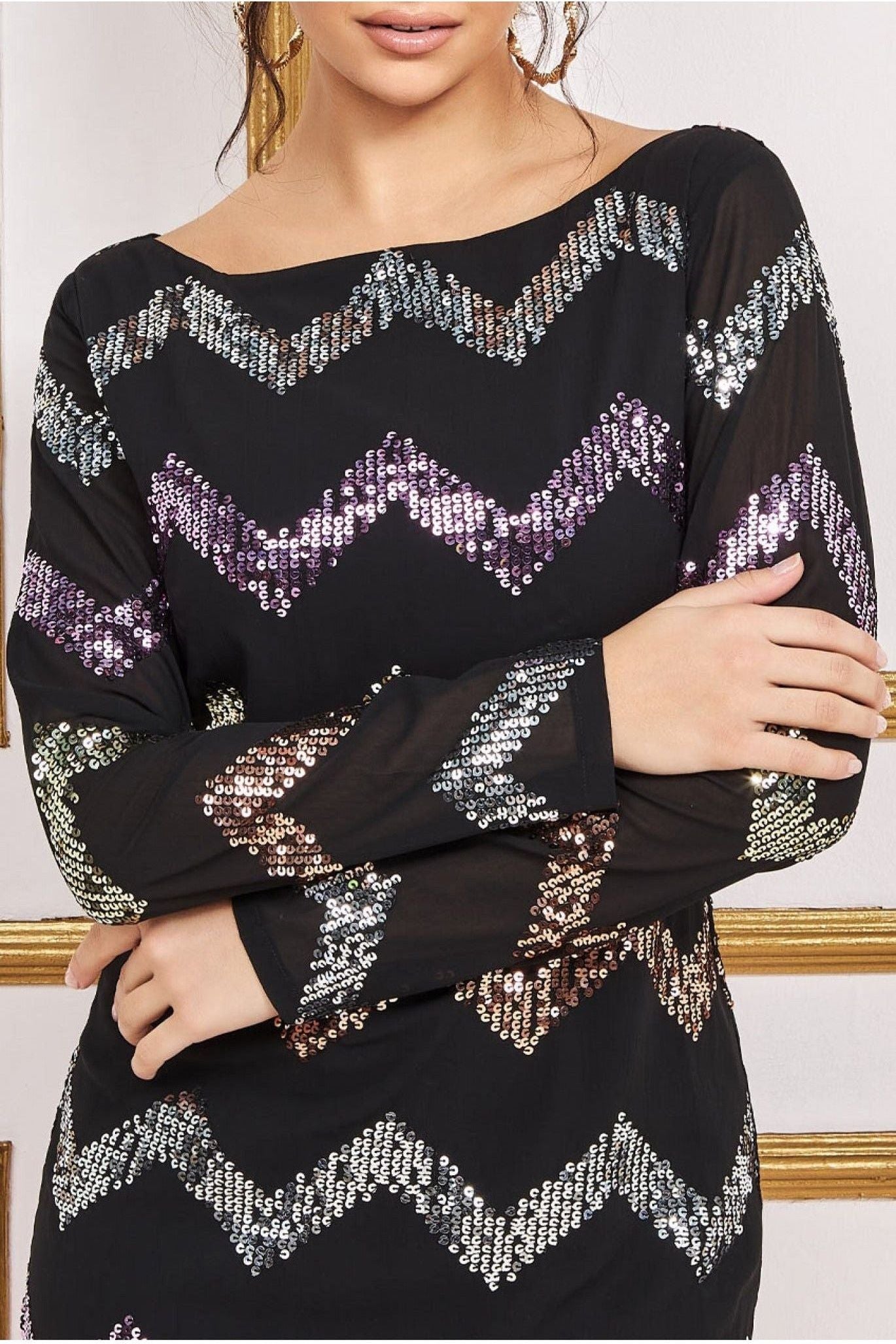 Goddiva Sequin Zig Zag Shift Mini Dress - Black