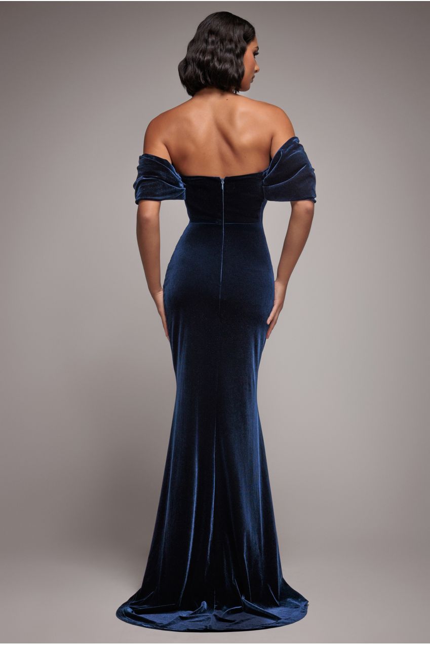 Goddiva Off The Shoulder Deep Plunge Velvet Maxi Dress - Navy Blue