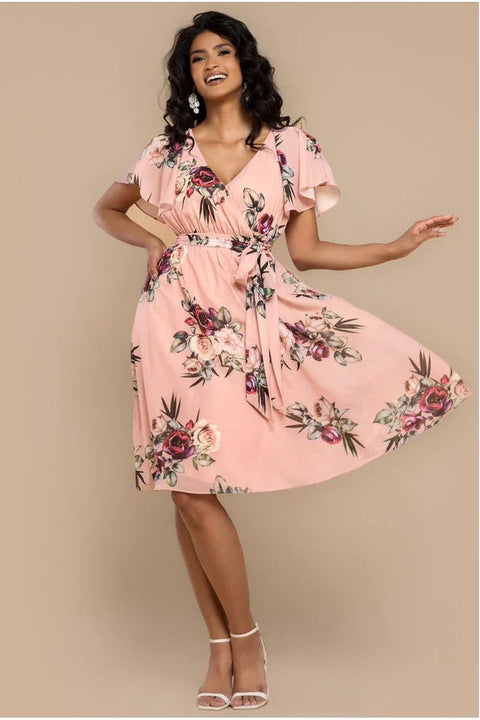 Goddiva Sustainable Floral Print Midi Wrap Dress With Flutter Sleeves - Peach