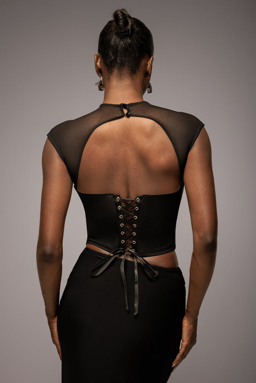 Goddiva High Neck Open Back Lace Up Scuba Corset Top - Black