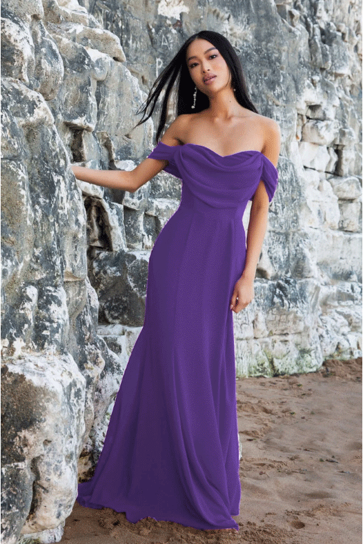 Goddiva Chiffon Bardot Cowl Neck Maxi Dress Purple