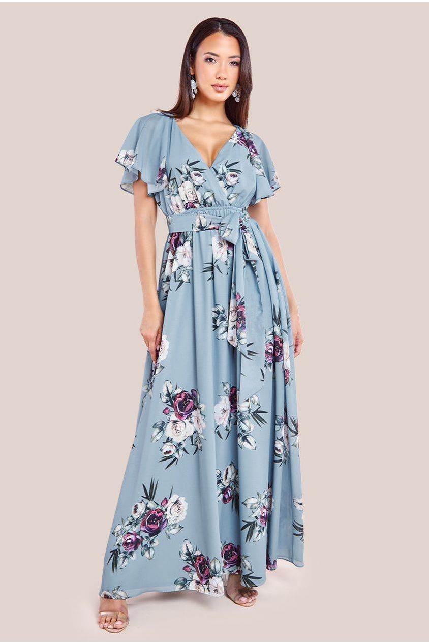 Goddiva Sustainable Printed Flutter Sleeve Maxi Dress - Airforce Blue