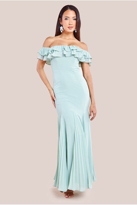 Goddiva Frilled Off The Shoulder Pleated Chiffon Maxi Dress - Sage Green