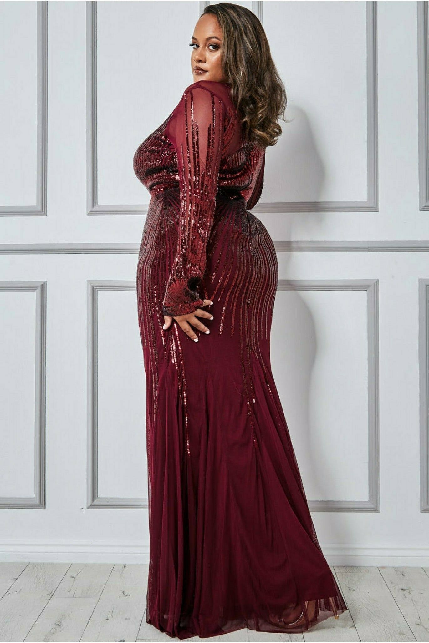 Goddiva Plus Shooting Star Sequin Maxi Dress - Wine