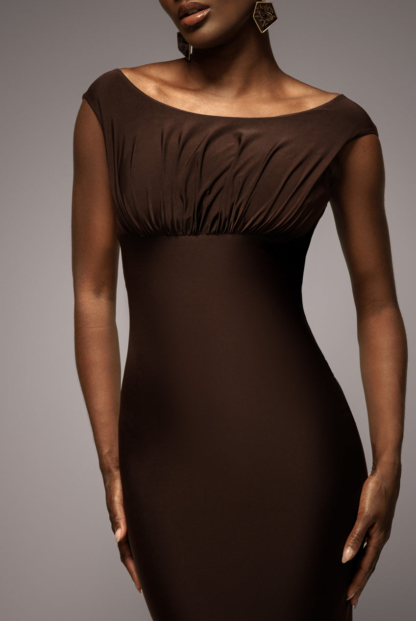 Goddiva Open Back Cowl Neck Gathered Maxi Dress With Velvet Tie Back - Brown