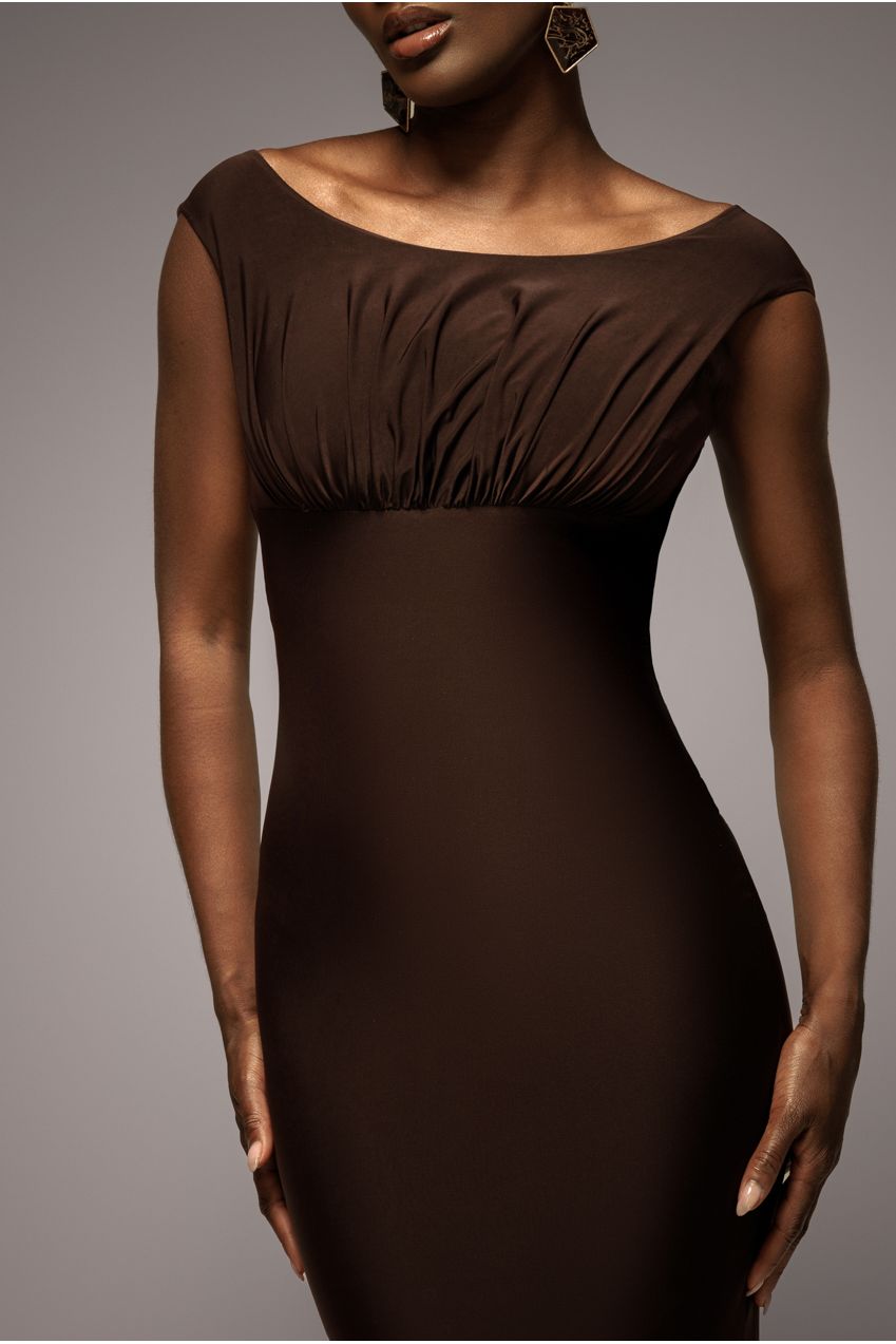 Goddiva Open Back Cowl Neck Gathered Maxi Dress With Velvet Tie Back - Brown