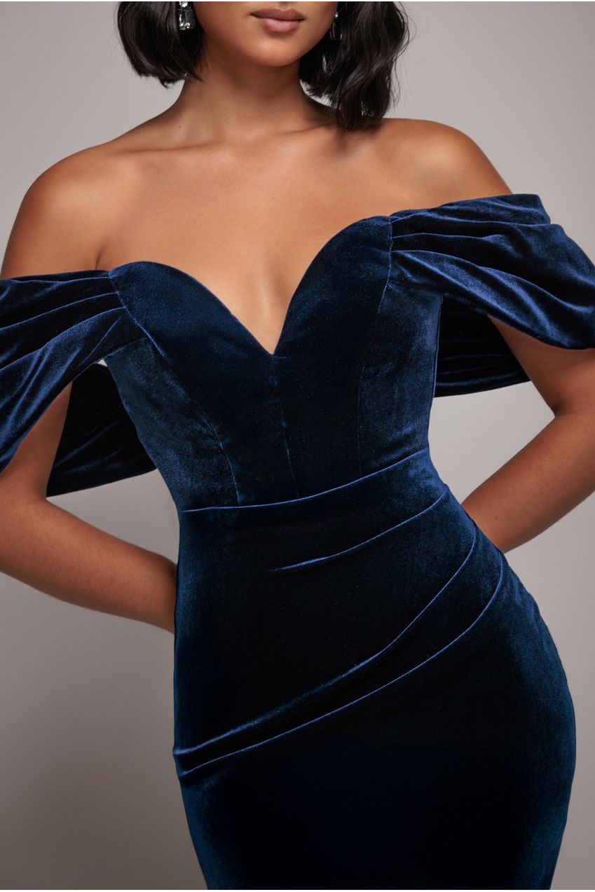 Goddiva Off The Shoulder Deep Plunge Velvet Maxi Dress - Navy Blue