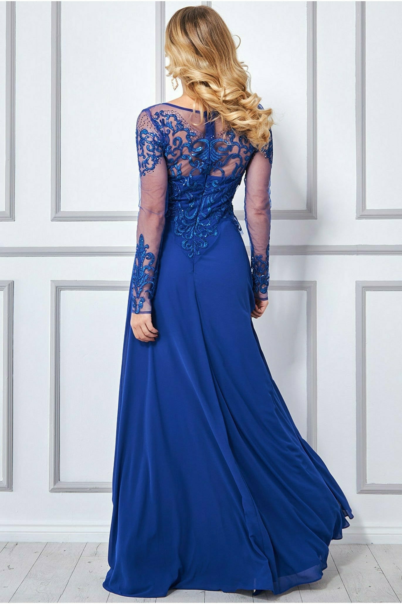 Goddiva Mesh & Lace Embroidered Bodice Maxi - Royal Blue