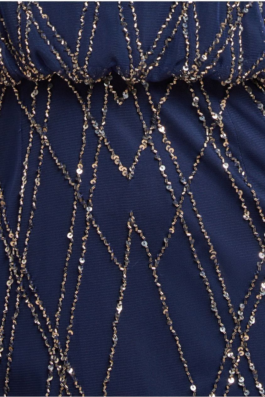 Goddiva Racer Neck Sleeveless Hand Embellished Sequin Maxi Dress - Navy Blue