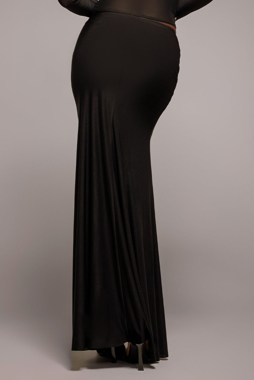 Goddiva Asymmetric Gathered Front Split Maxi Skirt - Black