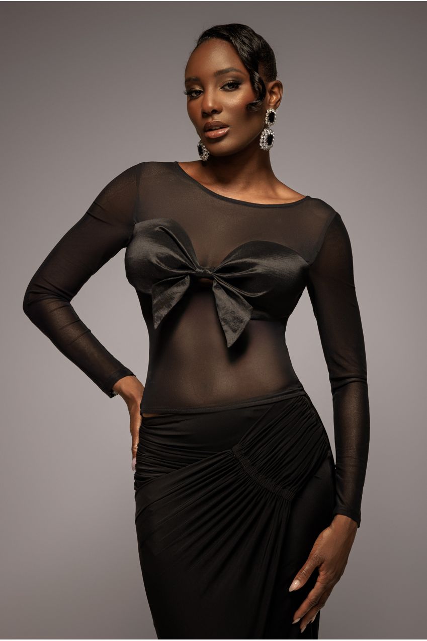 Goddiva Long Sleeve Mesh Sleeveless Taffeta Bow Top - Black