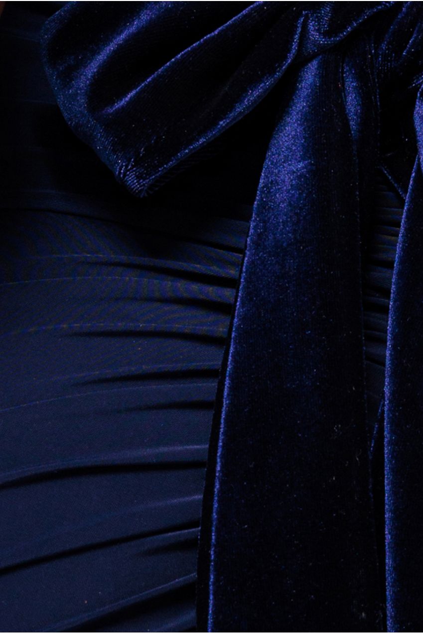 Goddiva Open Back Cowl Neck Gathered Maxi Dress With Velvet Tie Back - Navy Blue