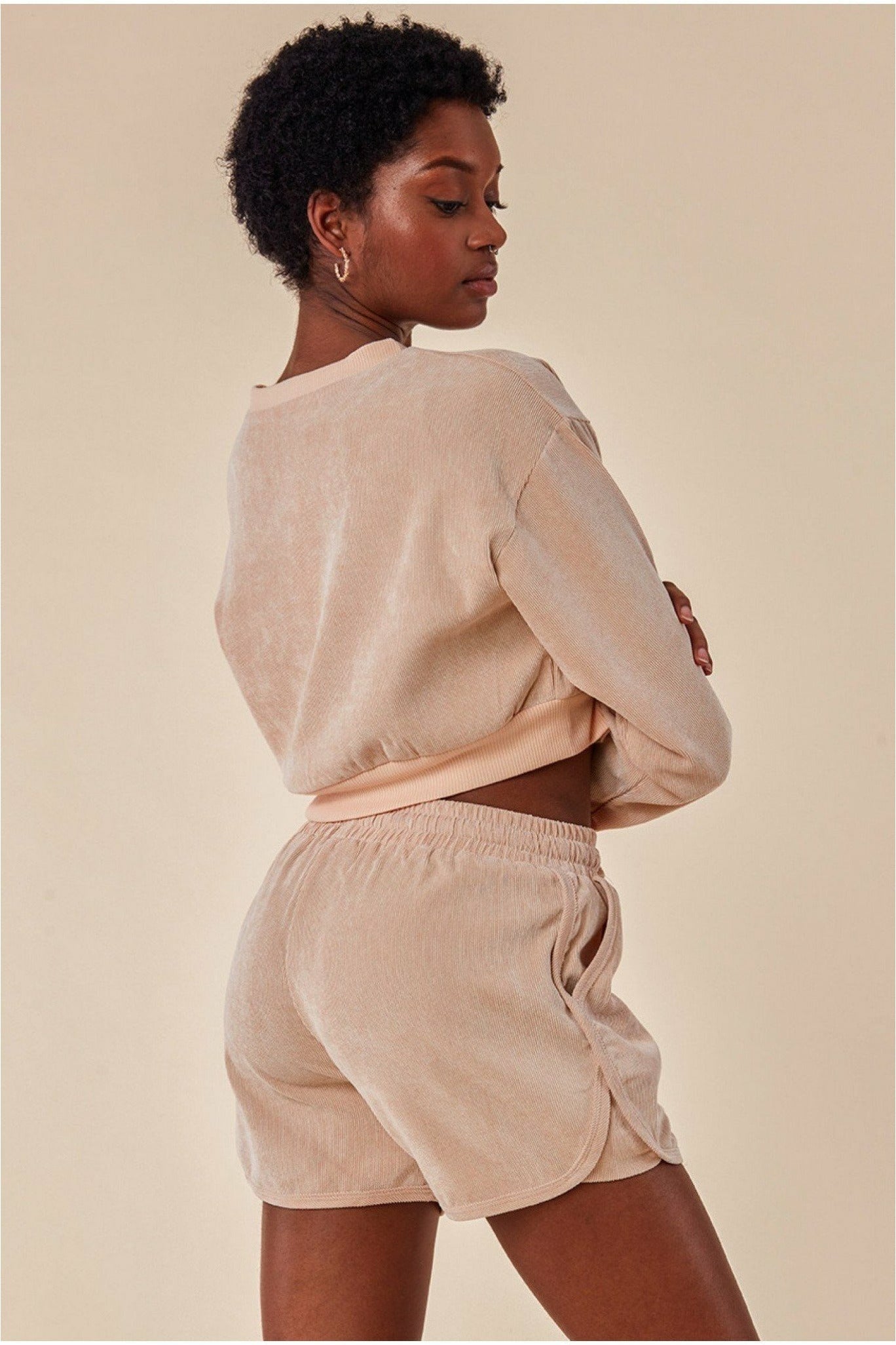 Cosmochic Oversized Cropped Sweater & Short Set - Beige