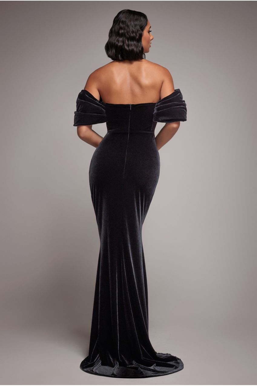 Goddiva Off The Shoulder Deep Plunge Velvet Maxi Dress - Black