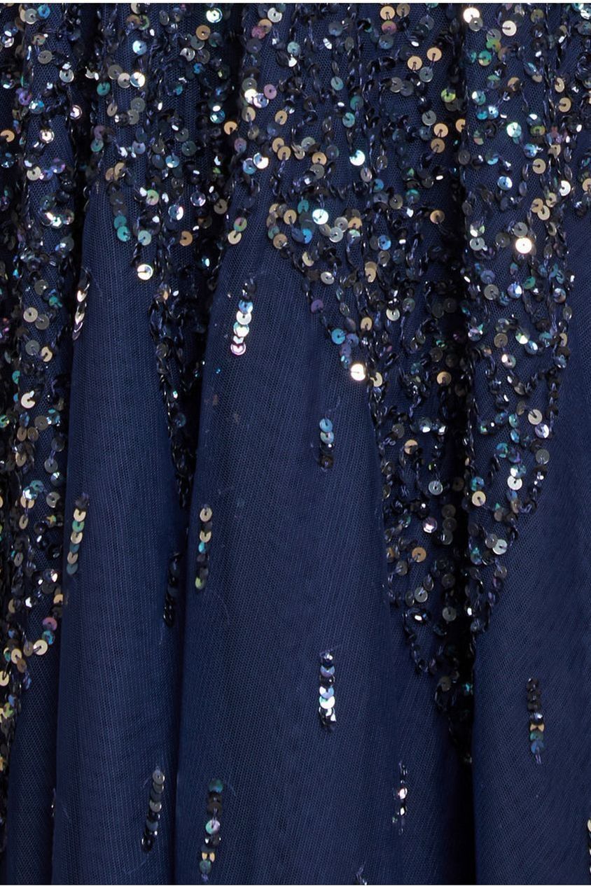 Goddiva Sunray Hand Embellished Sequin A-Line Bell Sleeve Maxi Dress - Navy Blue