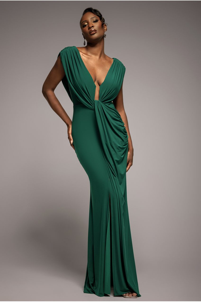 Goddiva Cowl Plunge Draped Mermaid Maxi Dress - Emerald Green