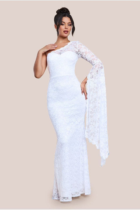 Goddiva One Shoulder Scalloped Neck Maxi Dress - White