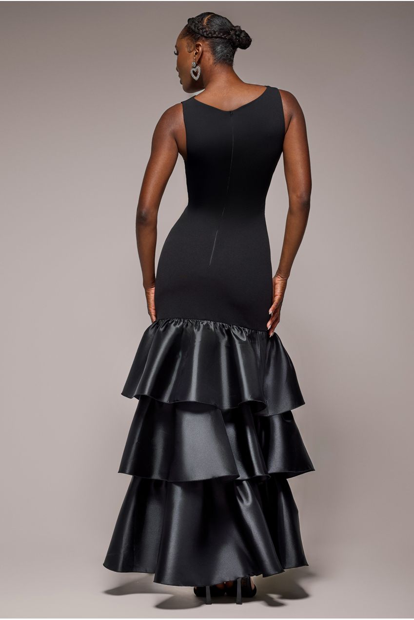 Goddiva Boat Neck Satin & Scuba Crepe Tiered Maxi Dress - Black