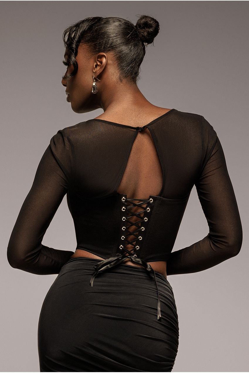 Goddiva Scuba Crepe And Mesh Lace Up Corset Top - Black