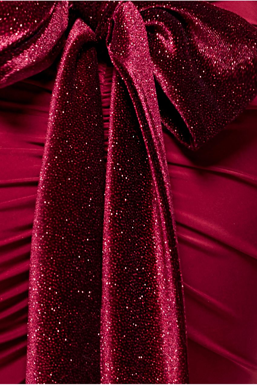 Goddiva Open Back Cowl Neck Gathered Maxi Dress With Velvet Tie Back - Wine